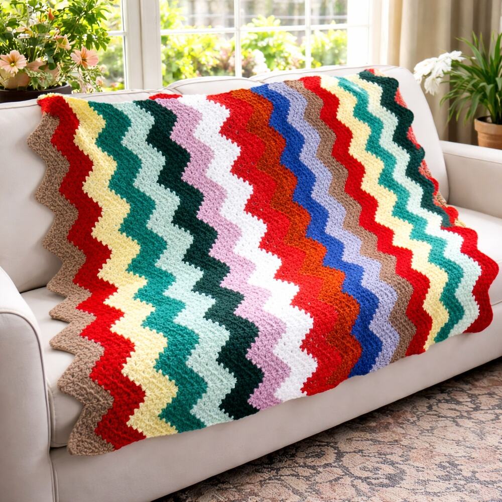 Handmade Crochet Chevron Afghan‎ Throw 62x36 Colorful Boho Cottagecore